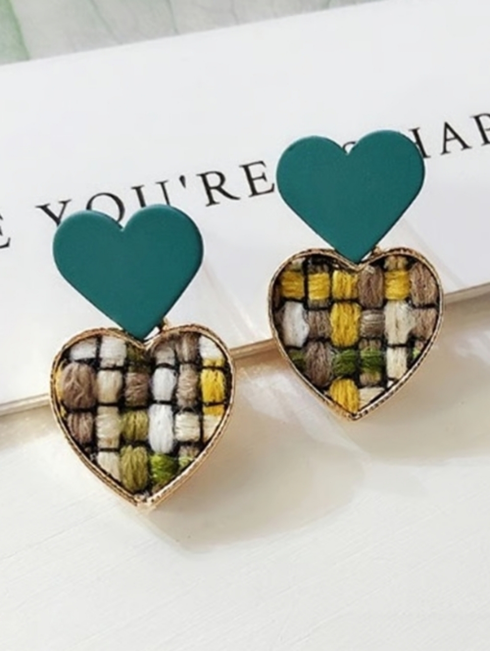 Soigne Luxury Accessories Tweed Dark Green Heart Dangle Earrings Fashion Jewelry